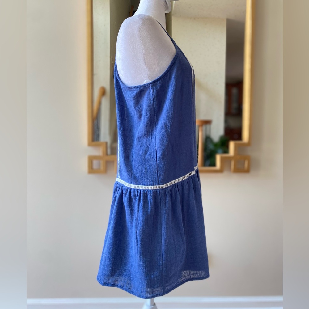 SAGE the Label Blue Halter Mini Dress White Ric Rac Trim Keyhole Neck Small - Picture 2 of 12